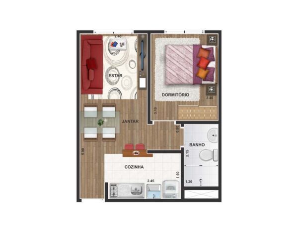 Apto Tipo  1 dorm Piso de  madeira